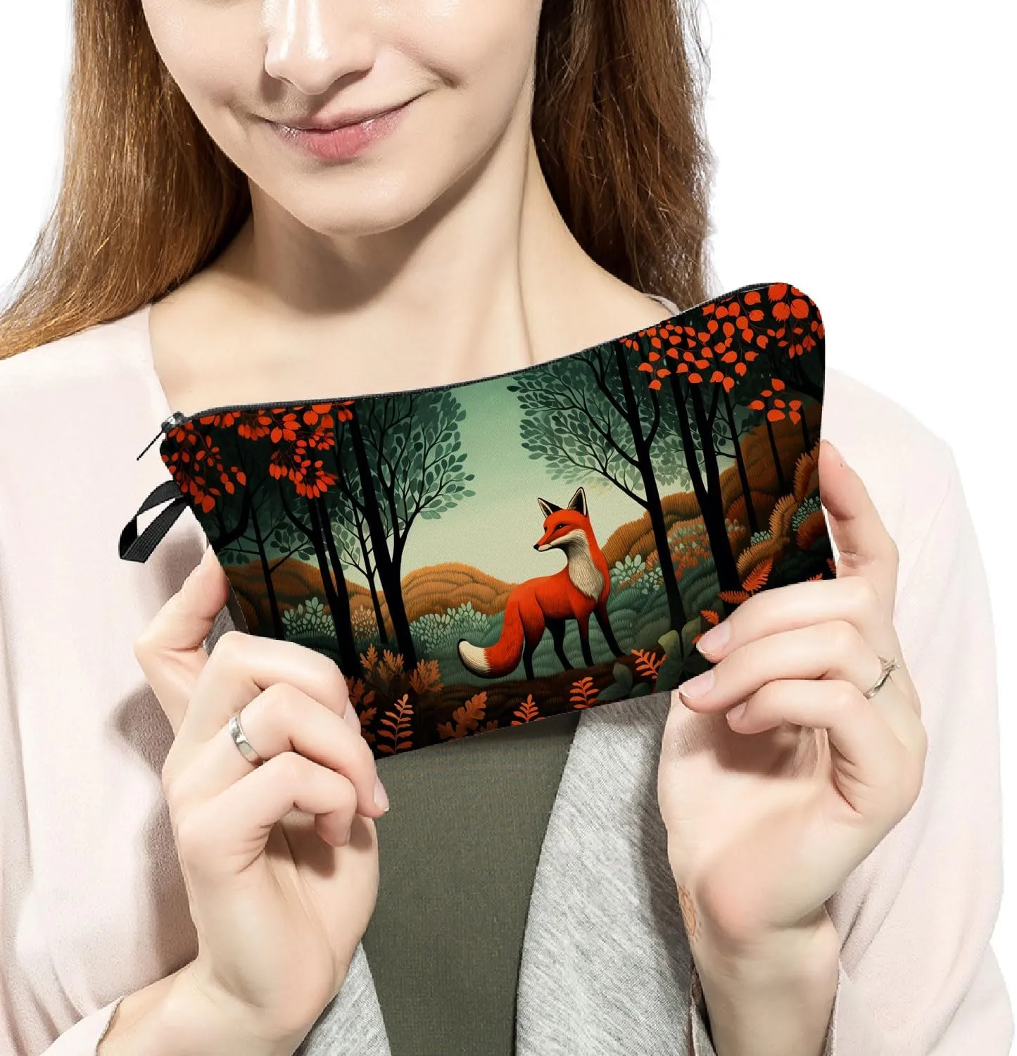 Floral Fox Makeup Bag Folk Art Painting Small Organizer Zipper Pouch Fox In Forest Print Cosmetic Bag Present for Women Fox Lovers Friends
