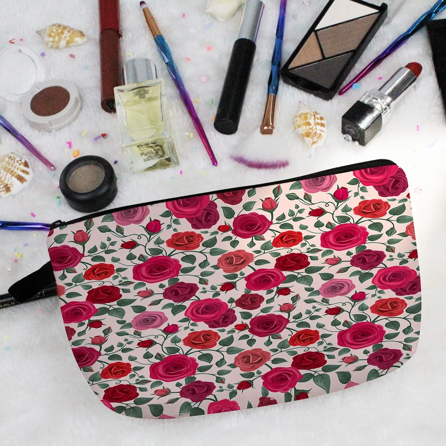 Floral Red Rose Cosmetic Bag Cute Small Organizer Zipper Pouch Red Flower Makeup Bag Valentine Aesthetic Birthday Present for Women Friends Sisters