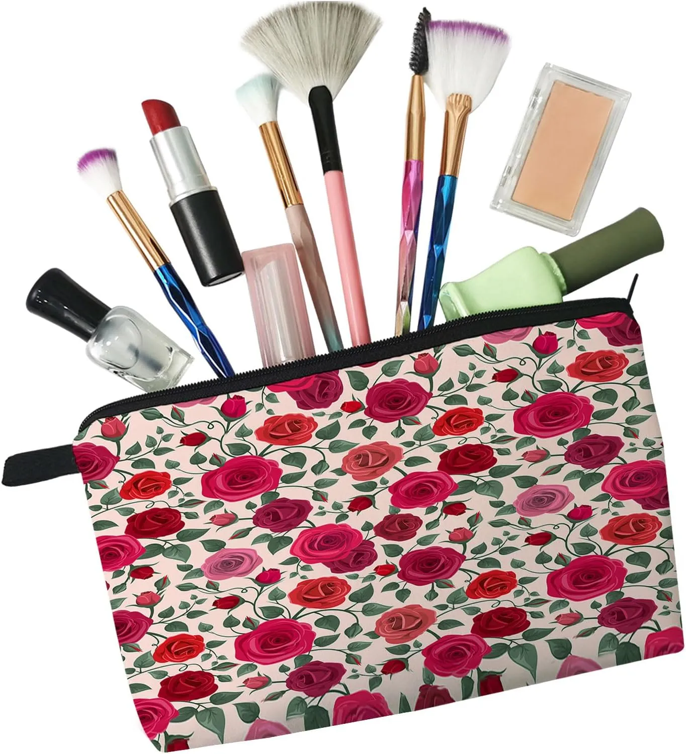 Floral Red Rose Cosmetic Bag Cute Small Organizer Zipper Pouch Red Flower Makeup Bag Valentine Aesthetic Birthday Present for Women Friends Sisters