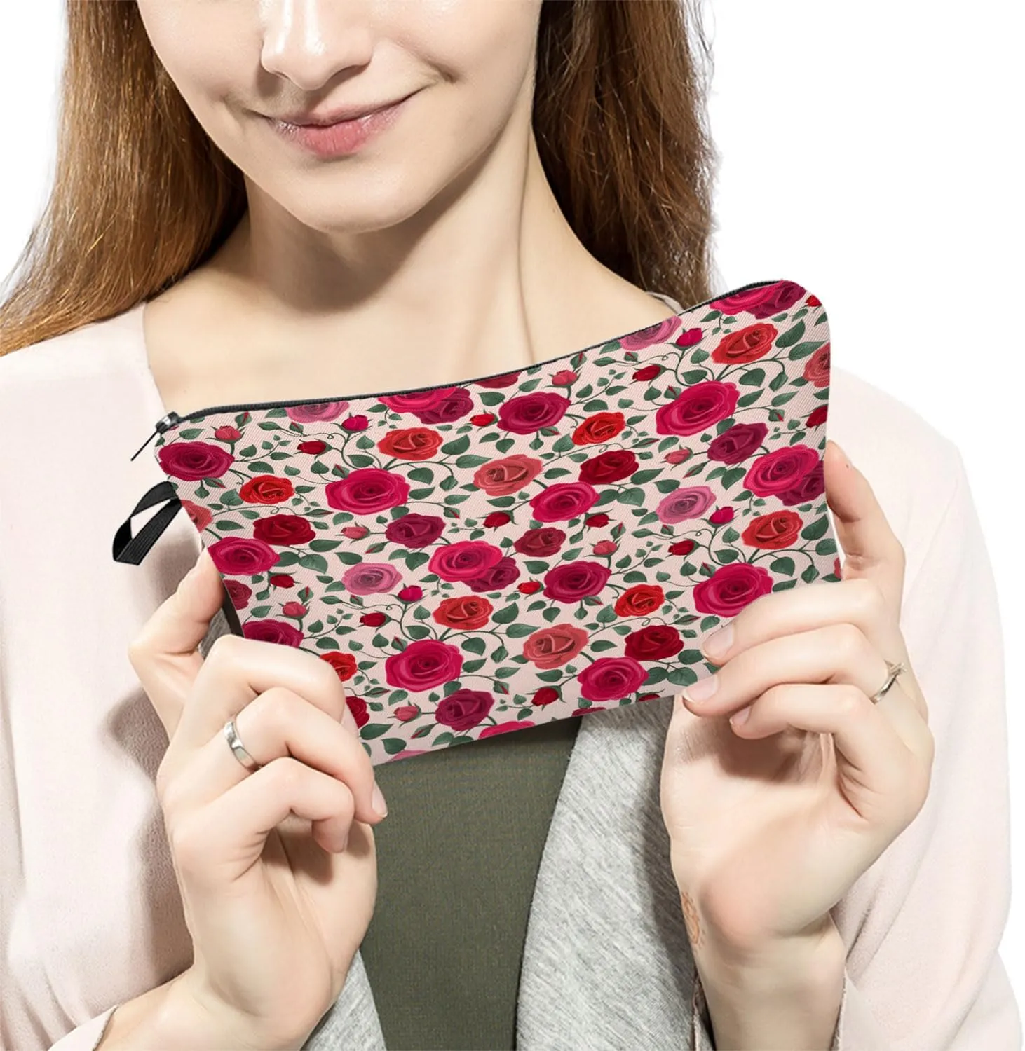 Floral Red Rose Cosmetic Bag Cute Small Organizer Zipper Pouch Red Flower Makeup Bag Valentine Aesthetic Birthday Present for Women Friends Sisters