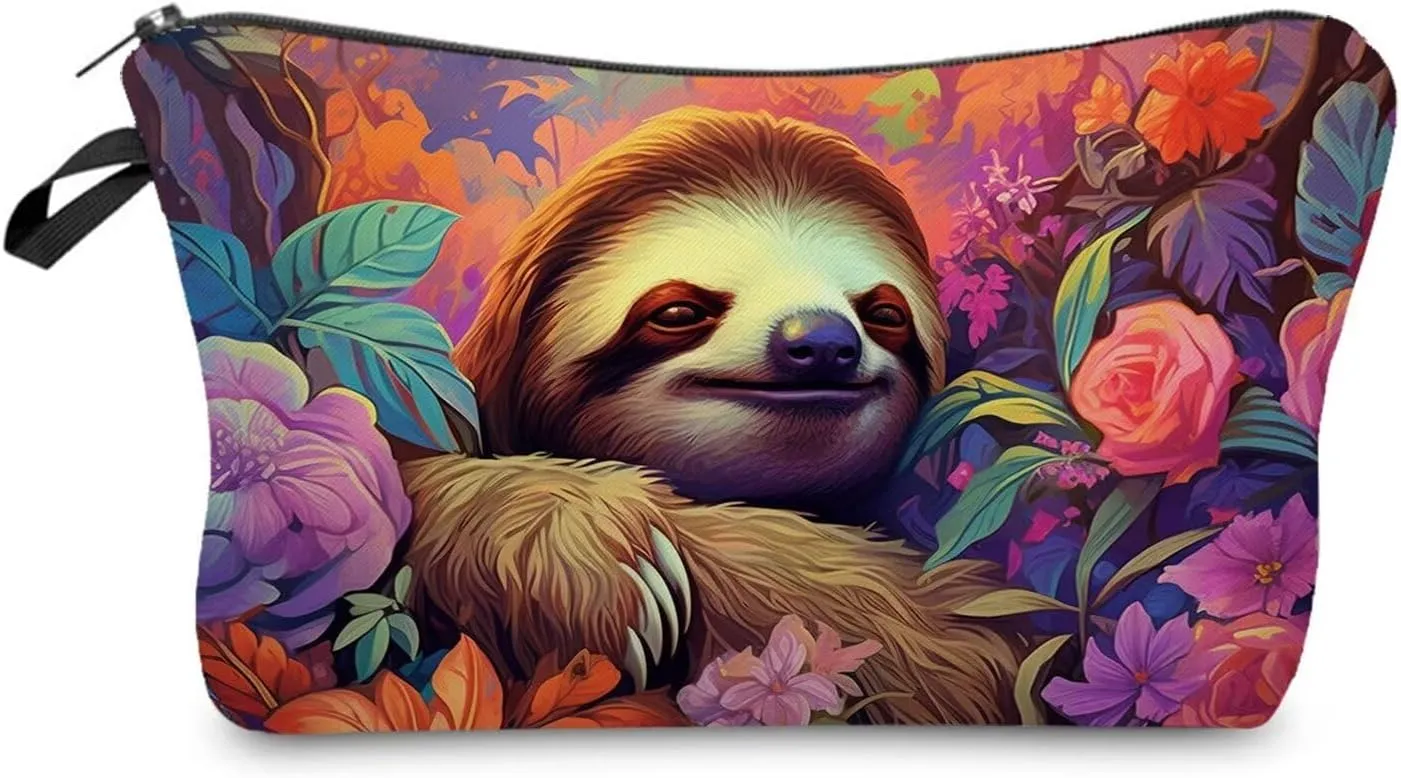 Floral Sloth Makeup Bag Cute Small Organizer Zipper Pouch Floral Sloth Cosmetic Bag Birthday Present for Women Friends -2