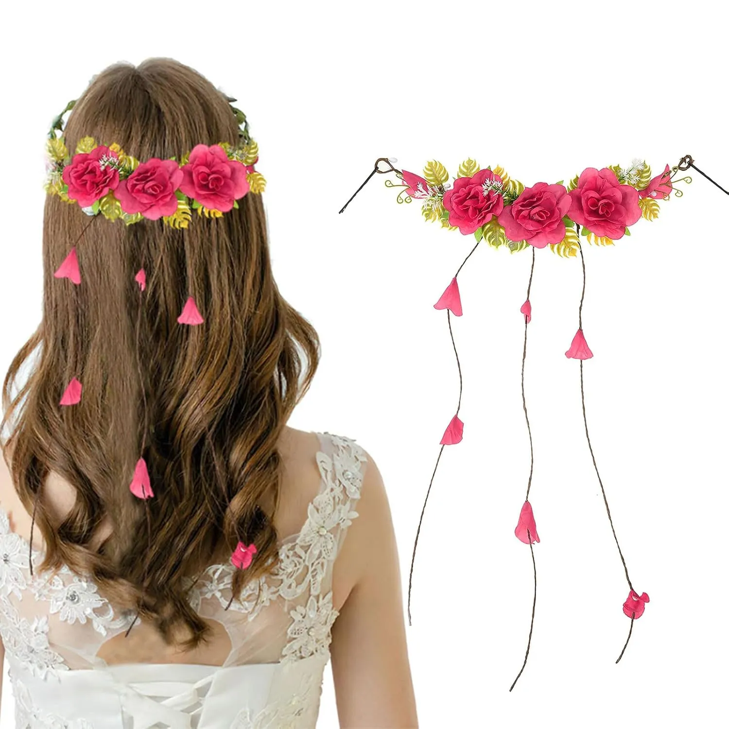 Flower Garland Headbands Red Rose Flower Crown Vine Hairband Hair Wreath Floral Halo Headpiece Boho with Ribbon for Wedding Bride Headwear Party Festivals