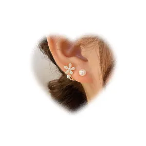 Flower Pearl Jacket Earrings for Women Vintage Pearl Earrings Crystal Flower Earrings Gold Pearl Stud Earrings Pearl Front Back Earrings Jewelry for Girls Gifts (Gold)