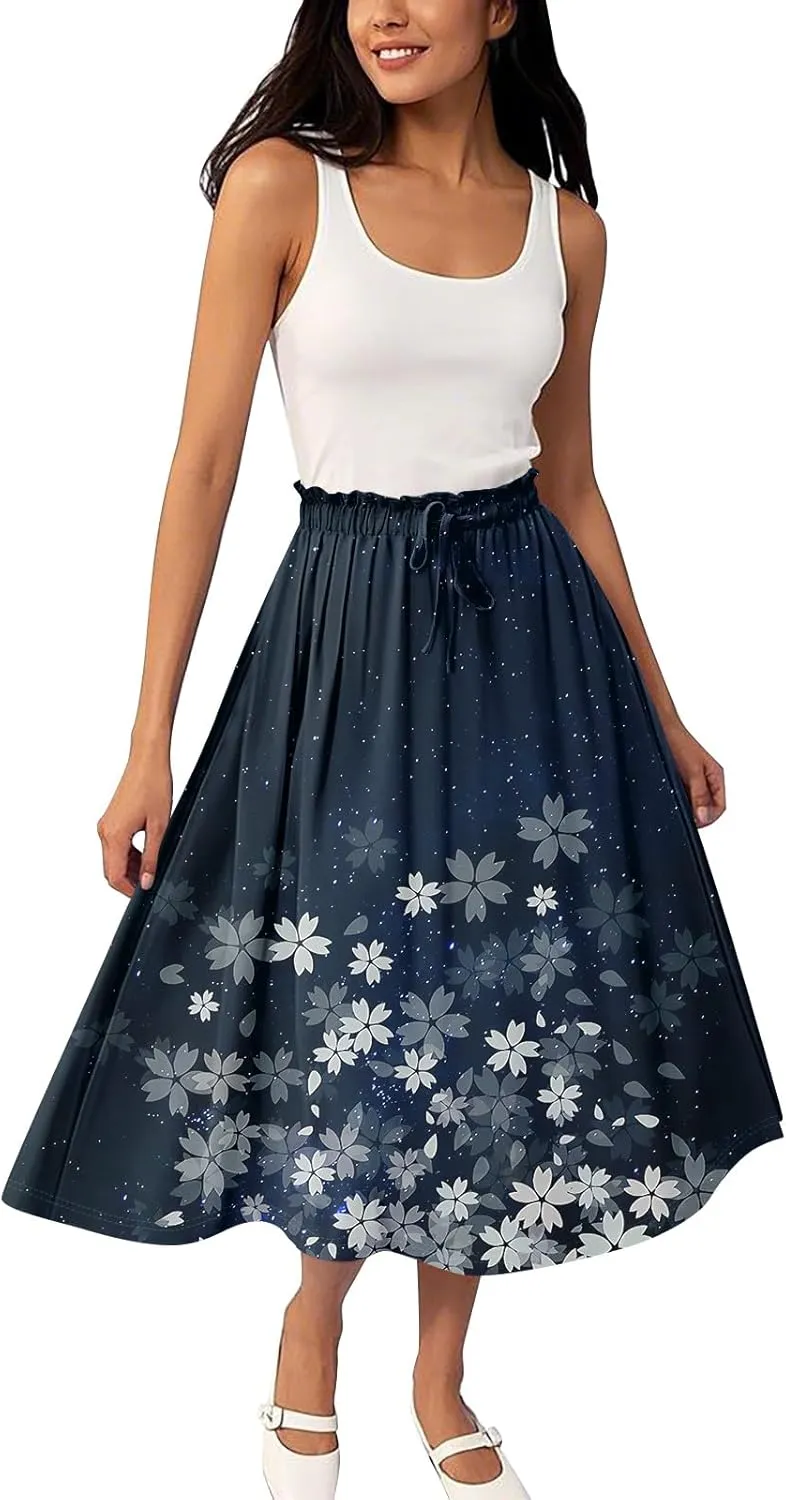Formal Skirts for Women Summer Drawstring Elastic High Waisted Midi Skirt Boho A Line Pleated Calf Length Skirt