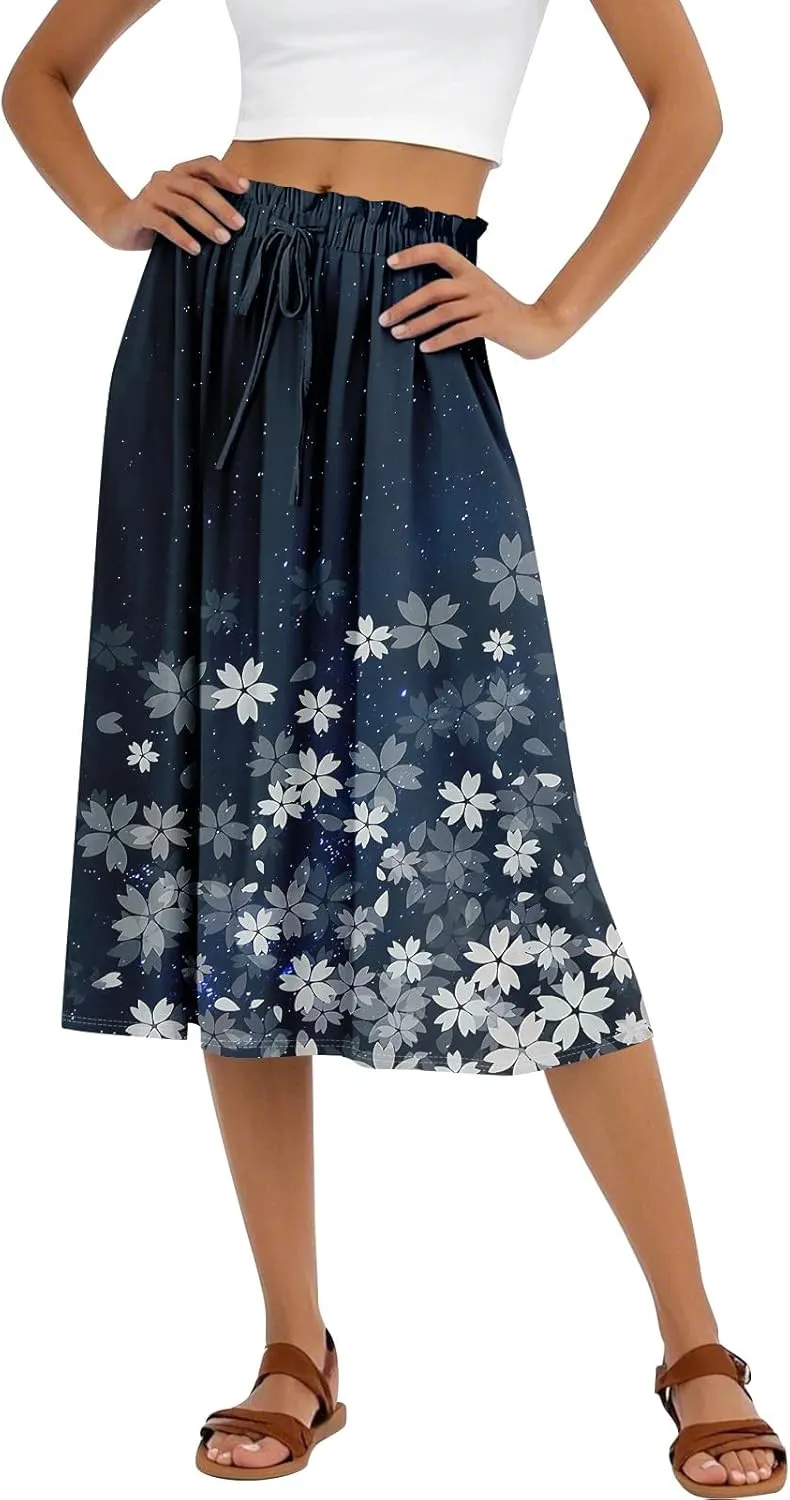 Formal Skirts for Women Summer Drawstring Elastic High Waisted Midi Skirt Boho A Line Pleated Calf Length Skirt