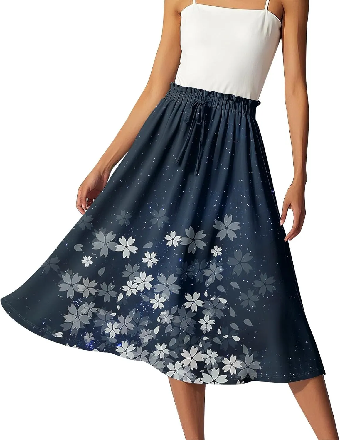 Formal Skirts for Women Summer Drawstring Elastic High Waisted Midi Skirt Boho A Line Pleated Calf Length Skirt