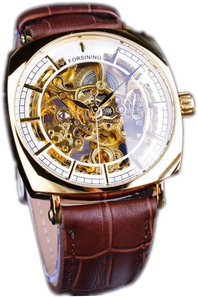 FORSINING Classic Golden Luxury Skeleton Watch Mechanical Waterproof Black Leather Strap Men's Wrist Watches Square Dial