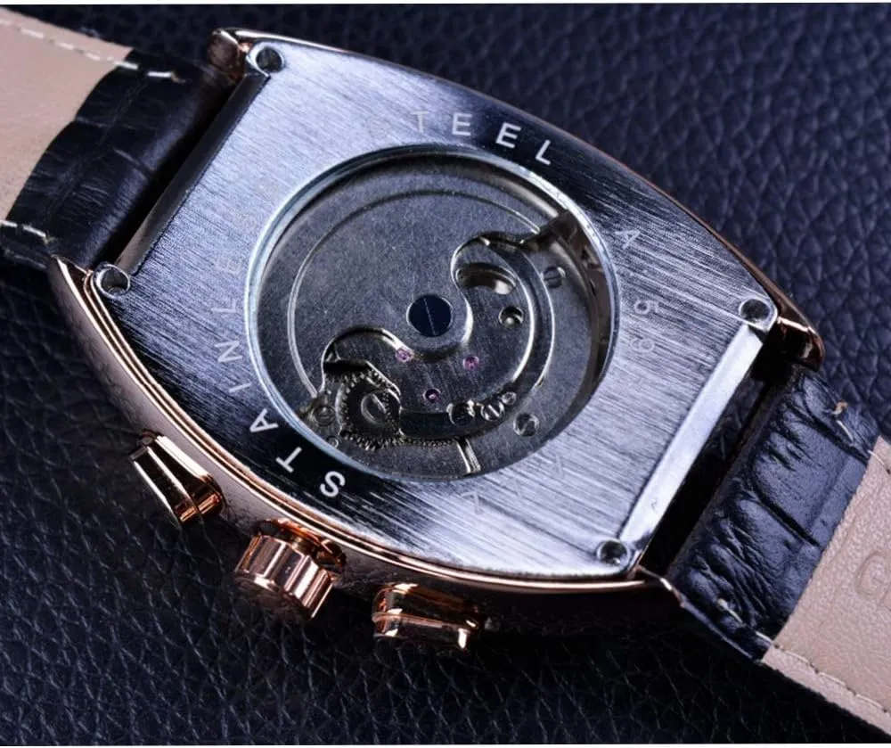 FORSINING Date Month Display Rose Gold Case Mens Watches Brand Luxury Leather Band Automatic Mechanical Watch Square Dial