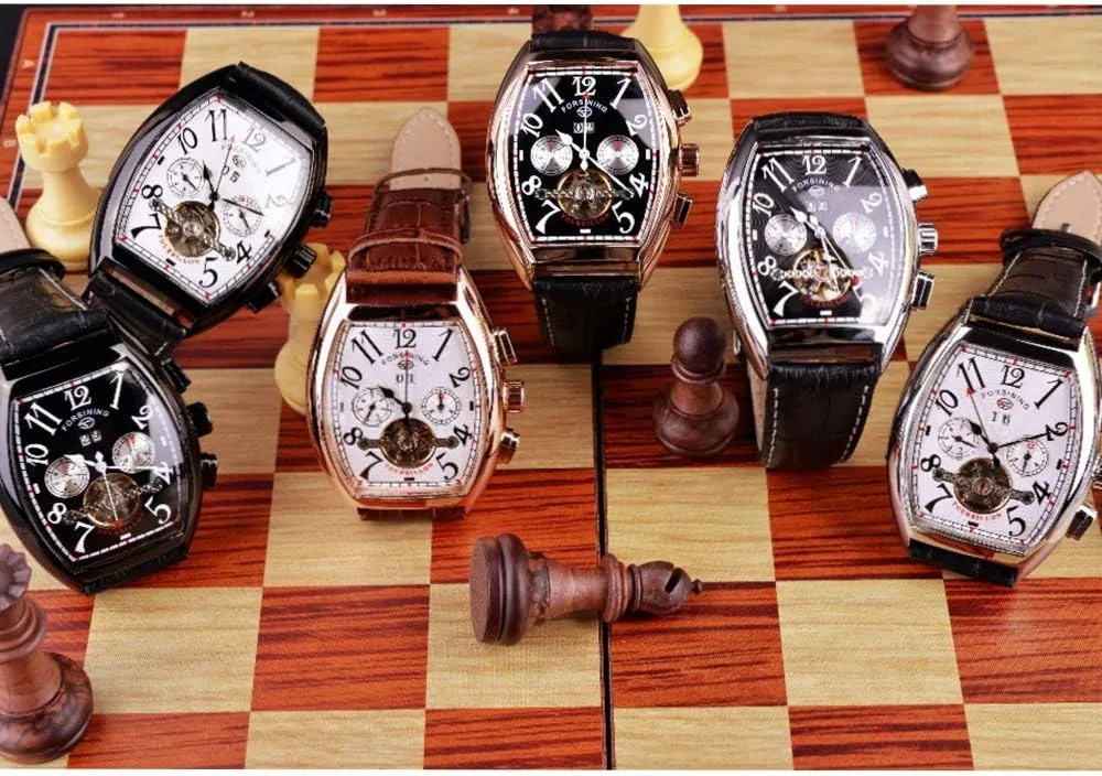 FORSINING Date Month Display Rose Gold Case Mens Watches Brand Luxury Leather Band Automatic Mechanical Watch Square Dial