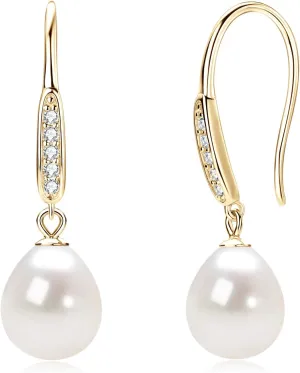 Freshwater Pearl Drop Earrings, 925 Sterling Silver Cultured Pearls Dangle Earrings with Cubic Zirconia, Wedding Anniversary Jewelry Gifts for Women Wife Bride