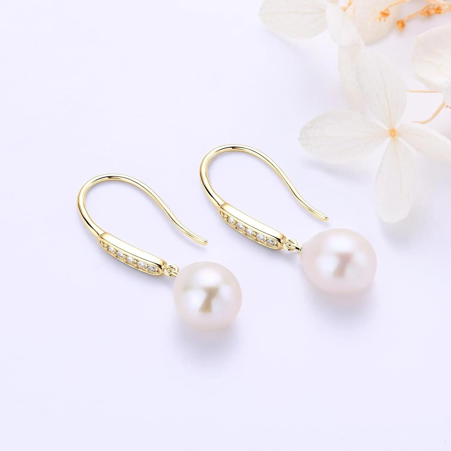 Freshwater Pearl Drop Earrings, 925 Sterling Silver Cultured Pearls Dangle Earrings with Cubic Zirconia, Wedding Anniversary Jewelry Gifts for Women Wife Bride