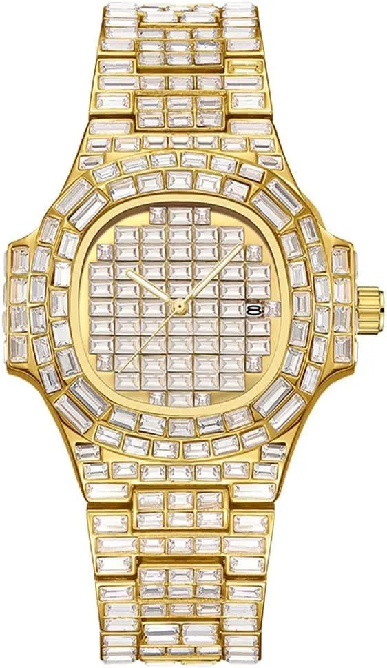 Full Diamond Personalized Watches for Men Quartz Clock Luxury Square Zircon Business Waterproof Hip Hop Jewelry Watch