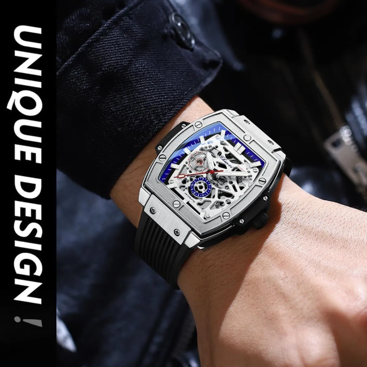 Fully Automatic Mechanical Watch Men's Wine Barrel Square Dial Luxury Hollow Mechanical Watch Waterproof Silicone Strap Luminous Men's Watch