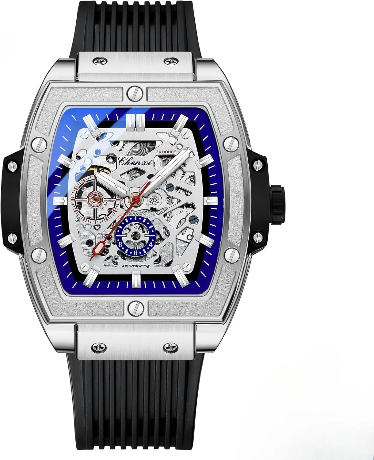 Fully Automatic Mechanical Watch Men's Wine Barrel Square Dial Luxury Hollow Mechanical Watch Waterproof Silicone Strap Luminous Men's Watch