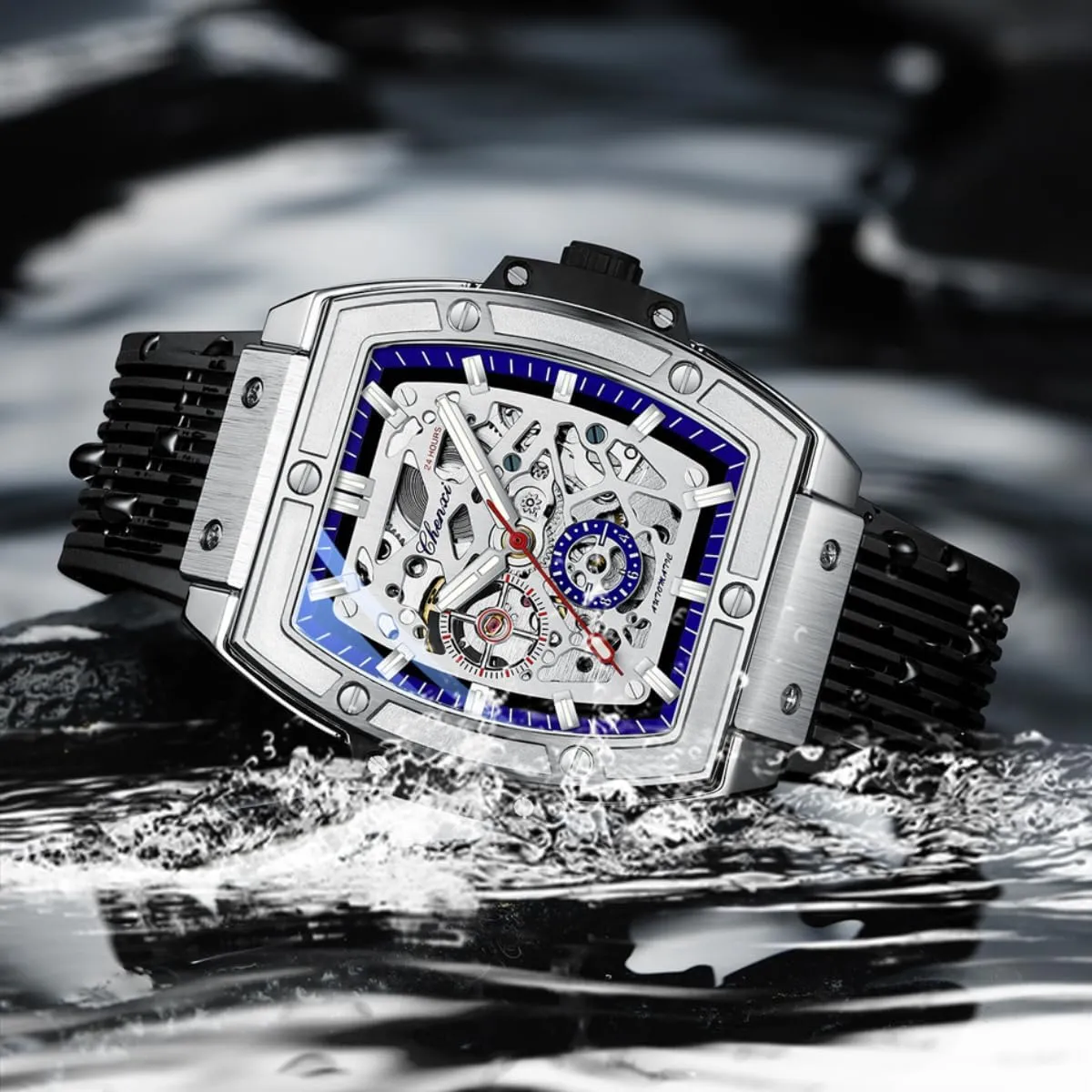 Fully Automatic Mechanical Watch Men's Wine Barrel Square Dial Luxury Hollow Mechanical Watch Waterproof Silicone Strap Luminous Men's Watch