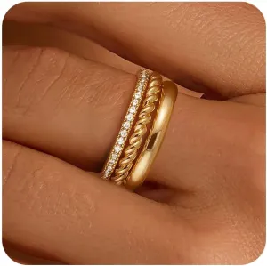 FUNEIA Stackable Gold Rings for Women Non Tarnish Chunky 14K Gold Plated Rings that Don't Tarnish Engagement Cubic Zirconia Ring Set Stack Dainty Pinky Wedding Bands Thumb Rings Gold Jewelry Size 6-11