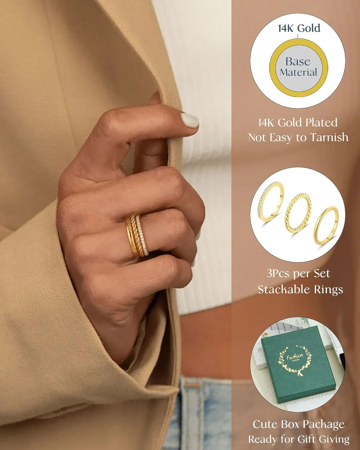 FUNEIA Stackable Gold Rings for Women Non Tarnish Chunky 14K Gold Plated Rings that Don't Tarnish Engagement Cubic Zirconia Ring Set Stack Dainty Pinky Wedding Bands Thumb Rings Gold Jewelry Size 6-11