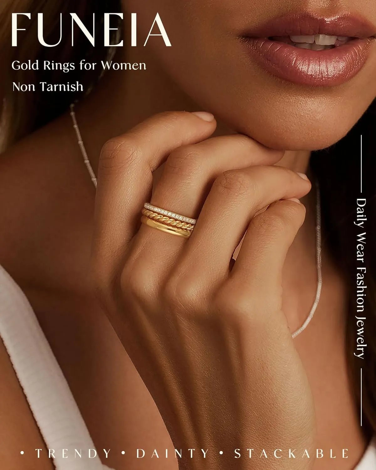 FUNEIA Stackable Gold Rings for Women Non Tarnish Chunky 14K Gold Plated Rings that Don't Tarnish Engagement Cubic Zirconia Ring Set Stack Dainty Pinky Wedding Bands Thumb Rings Gold Jewelry Size 6-11