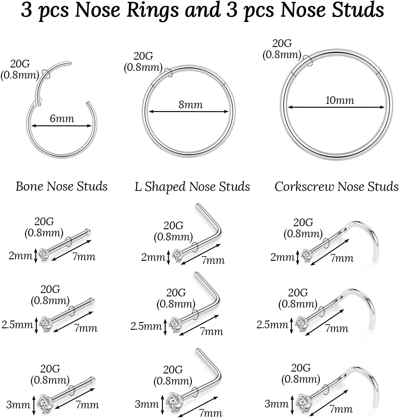 FUNLMO 20G Nose Rings Titanium Nose Piercings Nose Studs Nose Piercing Jewelry Nose Rings Hoops Helix Cartilage Daith Tragus Rook Conch Piercing Jewelry Sleeper Earrings