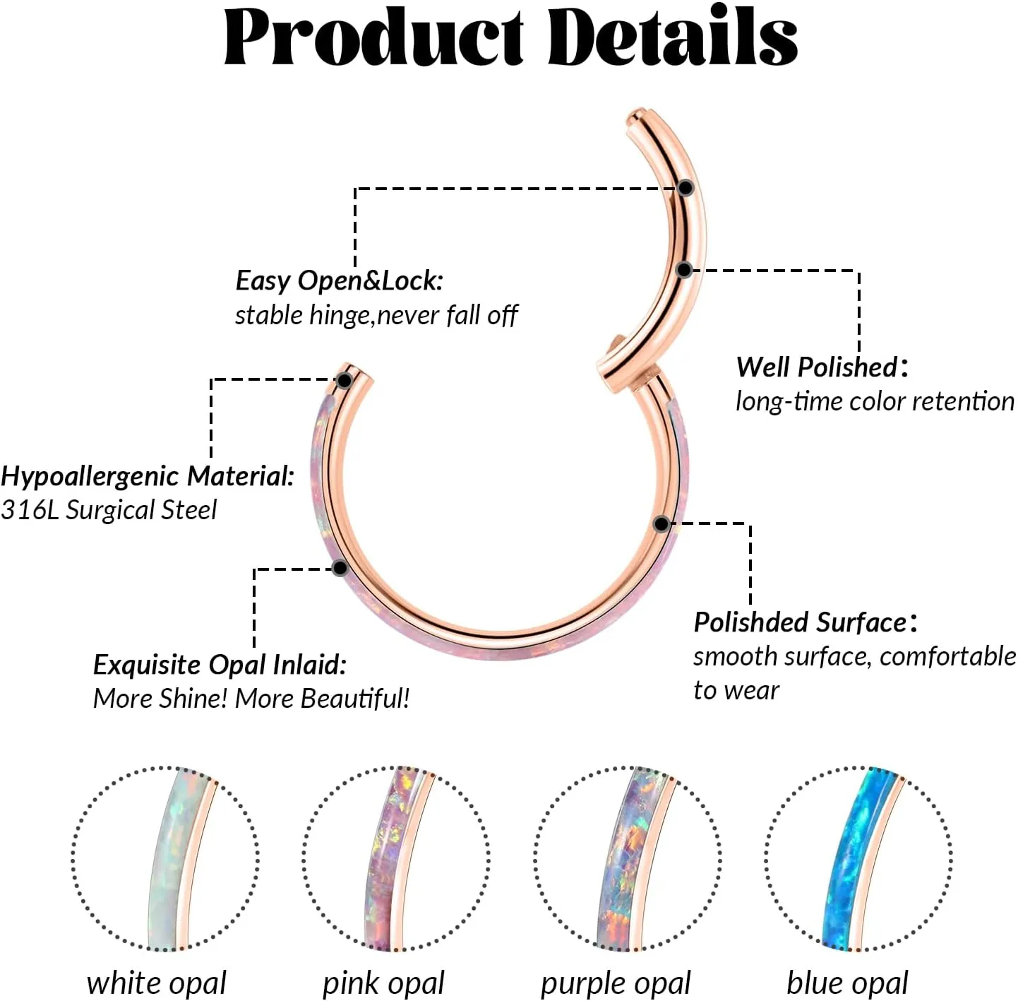 FUNLMO 316L Surgical Steel Nose Ring Hoop Opal Cartilage Earring Conch Daith Rook Orbital Helix Daith Tragus Piercing Jewelry Cartilage Septum Jewelry Cartilage Conch Hoop Earring