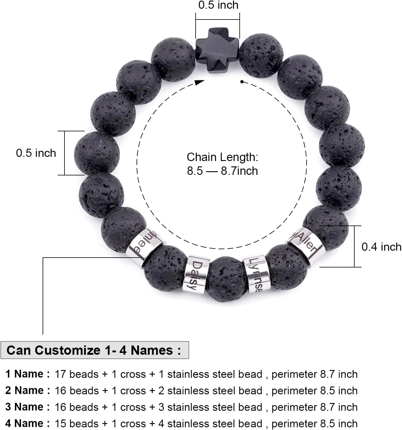 Funnli Custom Mens Bracelet with Name Beads, Personalized Cross Bracelets for Men, Gifts for Dad Husband Boyfriend Brother Son on Birthday Father's Day Graduation Anniversary Christian