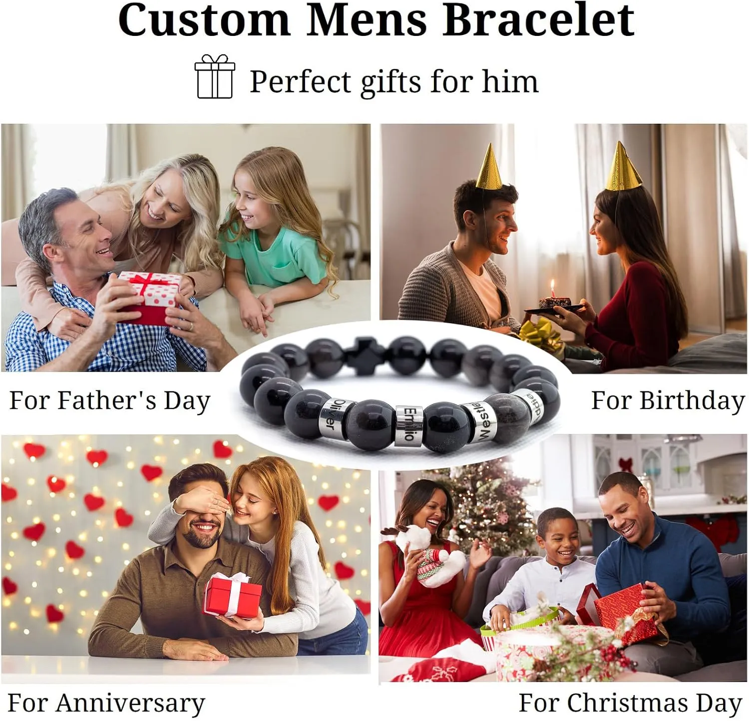 Funnli Custom Mens Bracelet with Name Beads, Personalized Cross Bracelets for Men, Gifts for Dad Husband Boyfriend Brother Son on Birthday Father's Day Graduation Anniversary Christian