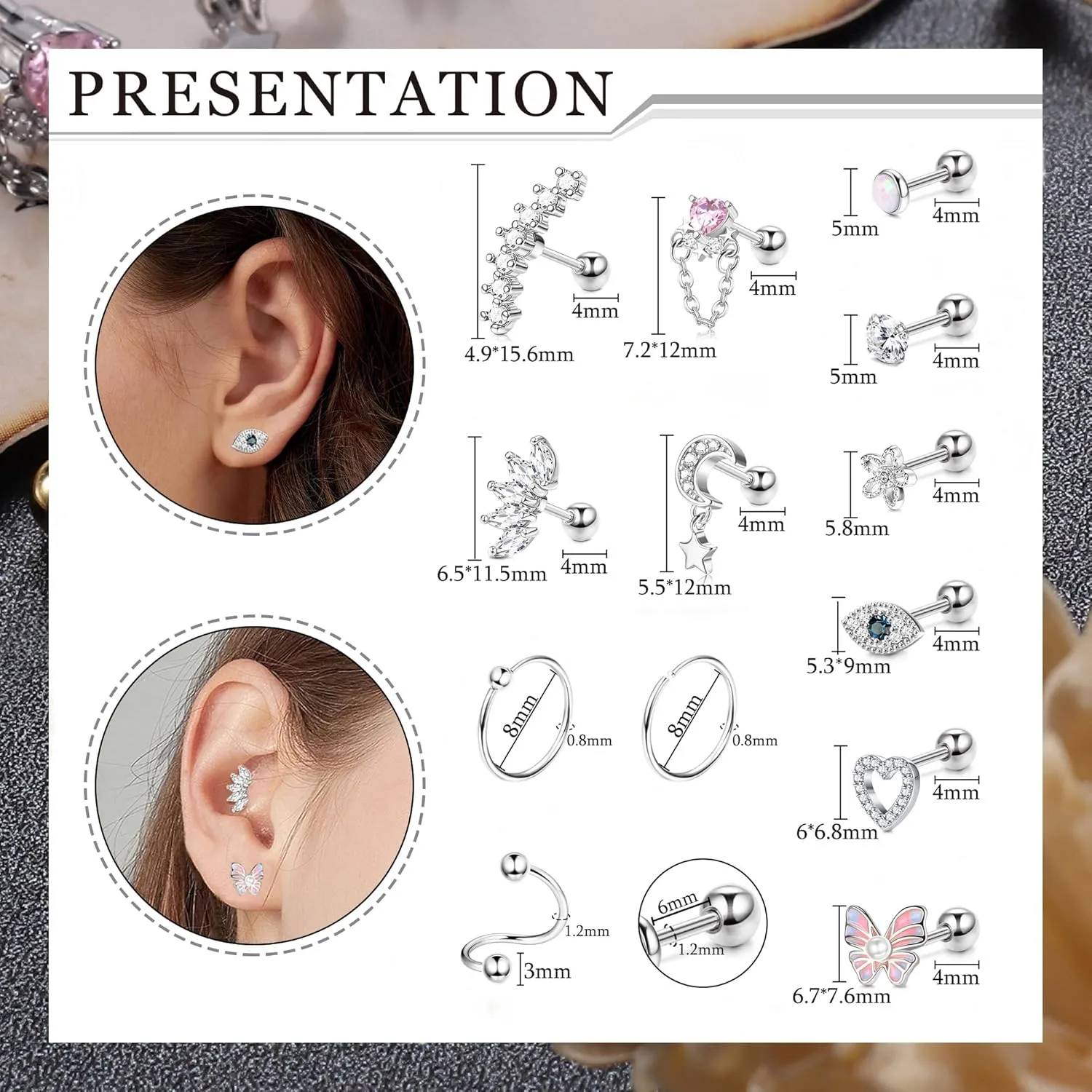 FUNRUN JEWELRY 16 G Cartilage Earrings Stud for Women Men Stainless Steel Stud Earrings Hypollergenic CZ Butterfly Heart Helix Tragus Piercing Jewelry