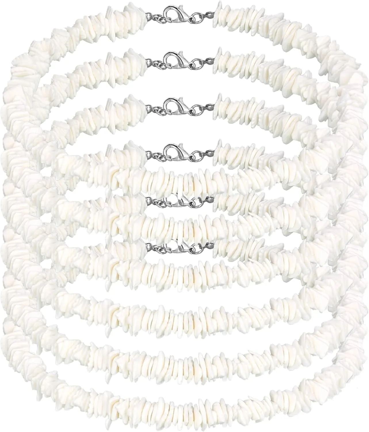 Funtery 6 Pcs White Puka Shell Necklace Hawaiian Seashell Necklace Beach Necklaces Clam Chips Surfer Necklace with 6 Extended Chain for Men Women