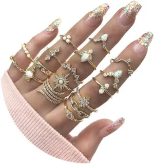 FUTIMELY Boho Crystal Rhinestone Knuckle Stacking Rings for Women Vintage Stackable Sun Leaf Flower Cross Rings Jewelry Midi Finger Rings Set