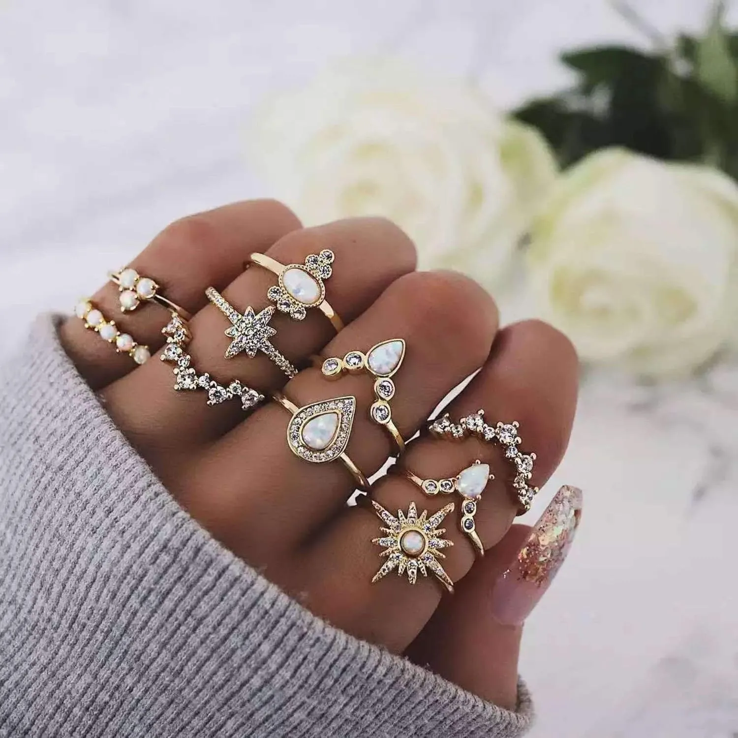 FUTIMELY Boho Crystal Rhinestone Knuckle Stacking Rings for Women Vintage Stackable Sun Leaf Flower Cross Rings Jewelry Midi Finger Rings Set