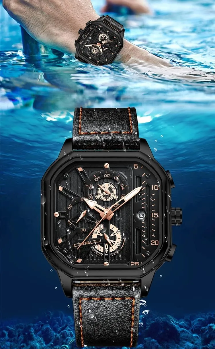 Gasasa Men's Business Watches Chronograph Fashion Watch Date Square Leather Strap Quartz Waterproof Male Wrist Watch