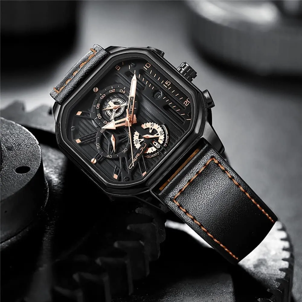 Gasasa Men's Business Watches Chronograph Fashion Watch Date Square Leather Strap Quartz Waterproof Male Wrist Watch