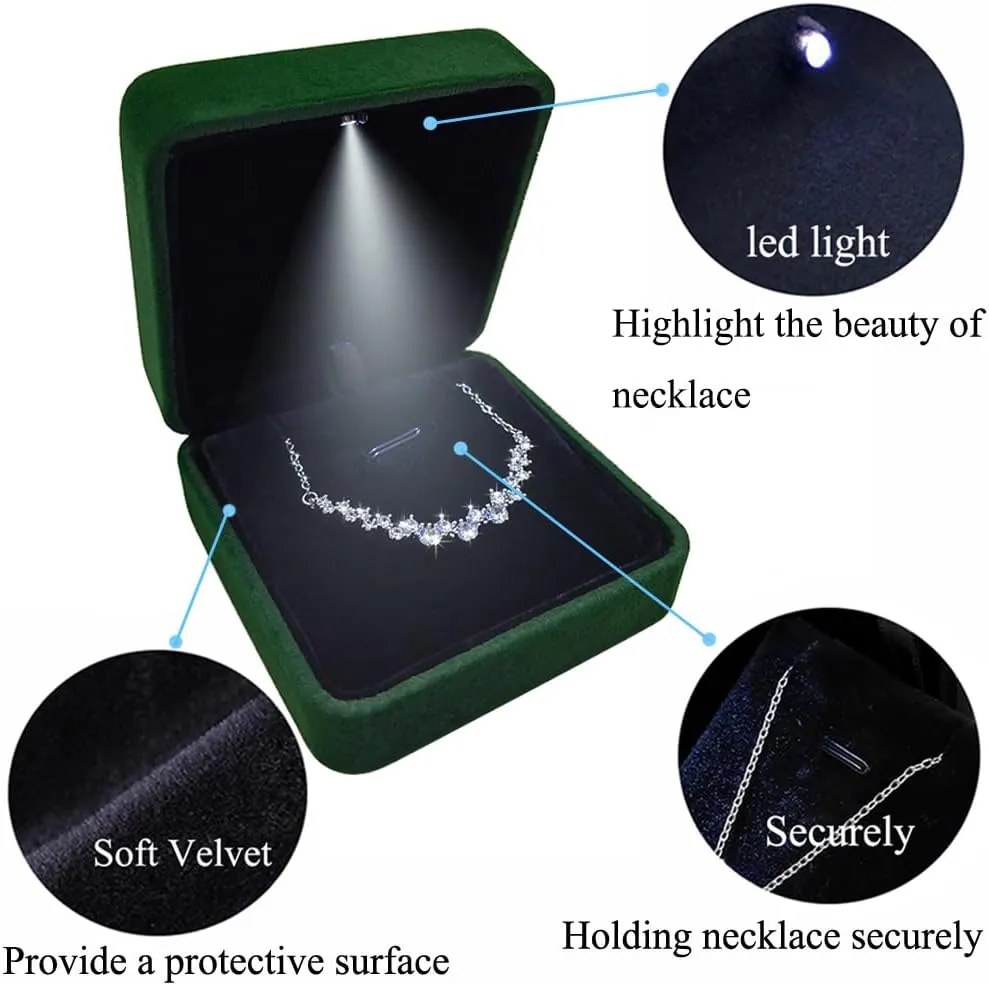 GBYAN Pendant Necklace Box with LED Light, Necklace Gift Box Velvet Jewelry Display Case for Proposal Engagement Wedding and Birthday,Emerald Green