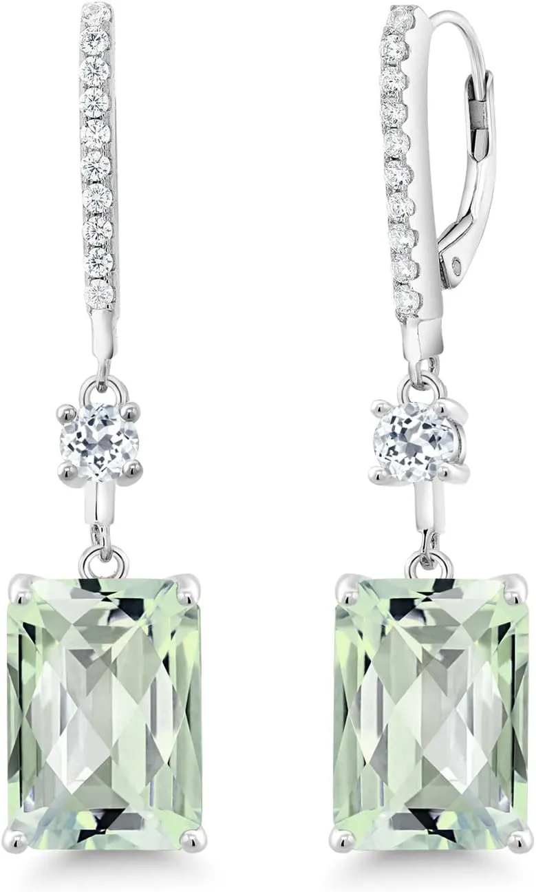 Gem Stone King 14.16 Cttw Emerald Cut Checkerboard Green Prasiolite and White Topaz Dangle Earrings For Women | 925 Sterling Silver | Fine Jewelry Gifts for Her Mom Women Wife