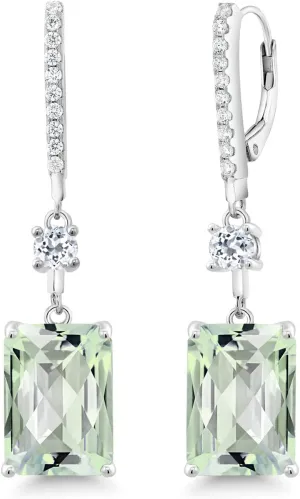 Gem Stone King 14.16 Cttw Emerald Cut Checkerboard Green Prasiolite and White Topaz Dangle Earrings For Women | 925 Sterling Silver | Fine Jewelry Gifts for Her Mom Women Wife
