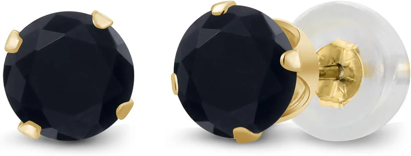 Gem Stone King 14K Yellow Gold Black Onyx Earrings For Women Men (0.92 Cttw, Gemstone Birthstone, Round 5MM)