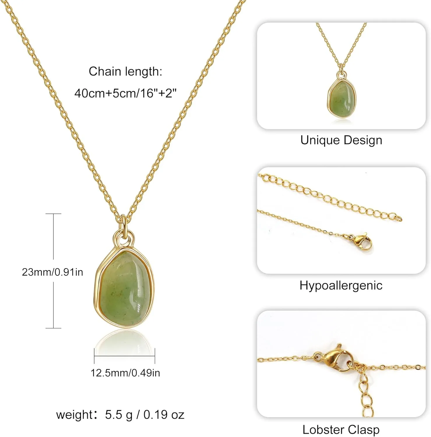 Gemstone Pendant Necklace, Crystal Necklace Teardrop Pendant Necklace Stone Bezel Pendant Necklace Stainless Steel Adjustable Length 16   2 inch Jewelry Gifts for Women