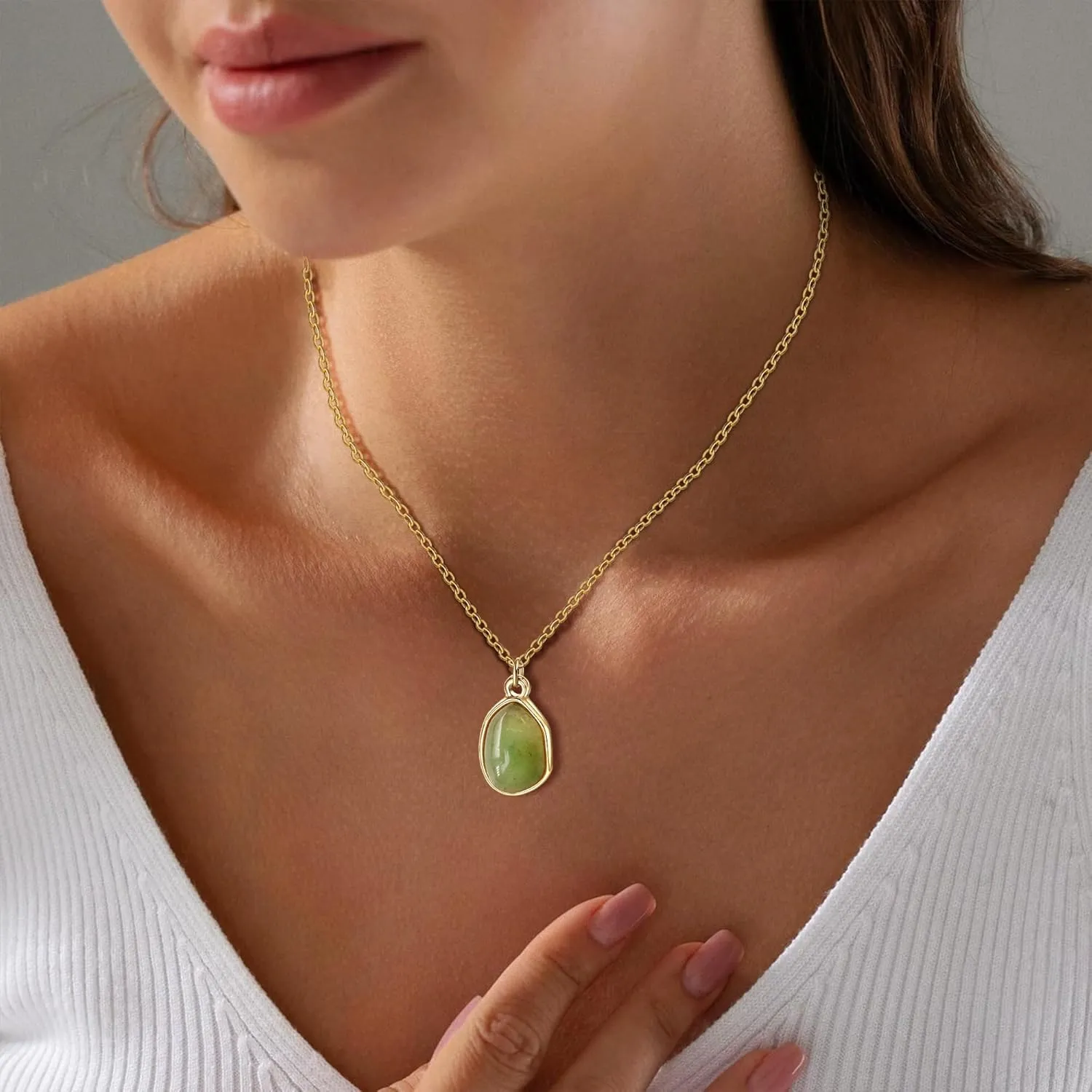Gemstone Pendant Necklace, Crystal Necklace Teardrop Pendant Necklace Stone Bezel Pendant Necklace Stainless Steel Adjustable Length 16   2 inch Jewelry Gifts for Women