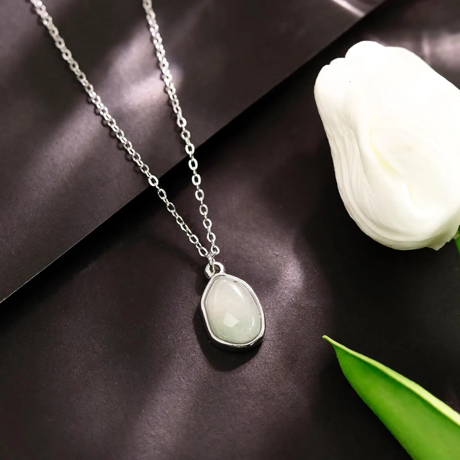 Gemstone Pendant Necklace, Crystal Necklace Teardrop Pendant Necklace Stone Bezel Pendant Necklace Stainless Steel Adjustable Length 16   2 inch Jewelry Gifts for Women