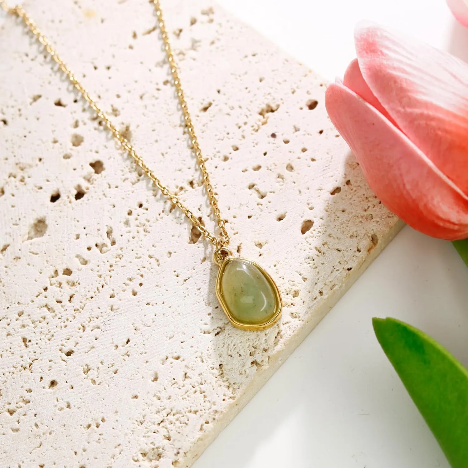 Gemstone Pendant Necklace, Crystal Necklace Teardrop Pendant Necklace Stone Bezel Pendant Necklace Stainless Steel Adjustable Length 16   2 inch Jewelry Gifts for Women