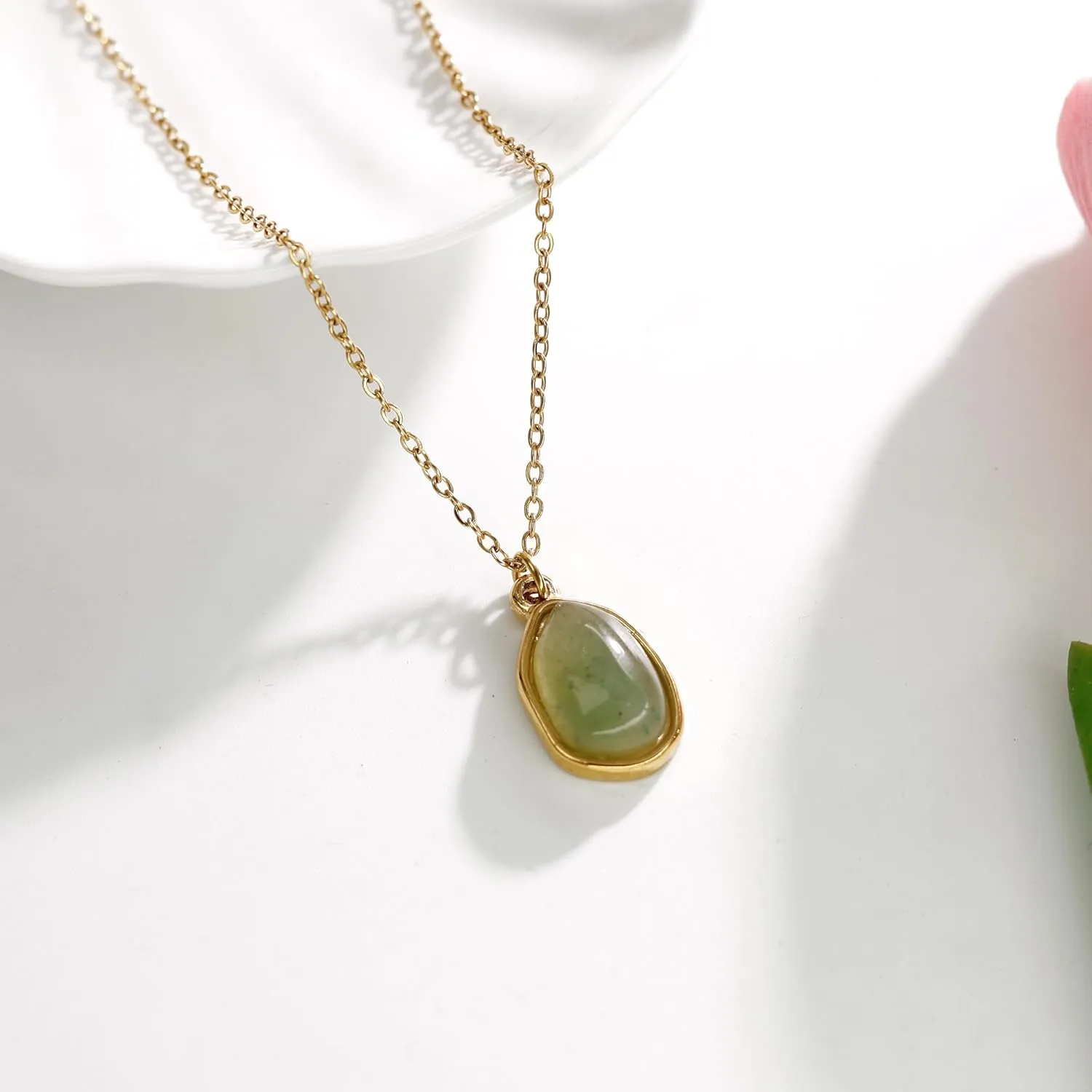 Gemstone Pendant Necklace, Crystal Necklace Teardrop Pendant Necklace Stone Bezel Pendant Necklace Stainless Steel Adjustable Length 16   2 inch Jewelry Gifts for Women