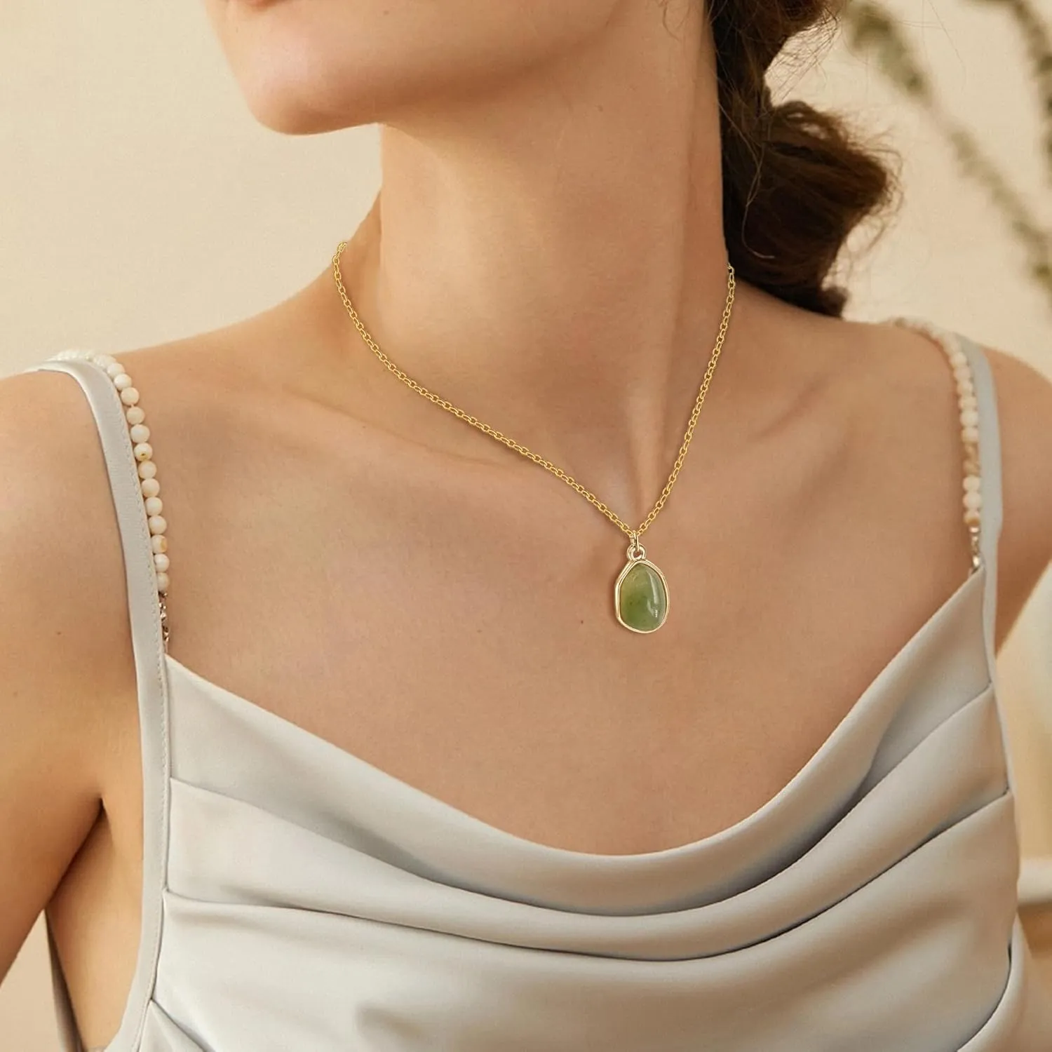 Gemstone Pendant Necklace, Crystal Necklace Teardrop Pendant Necklace Stone Bezel Pendant Necklace Stainless Steel Adjustable Length 16   2 inch Jewelry Gifts for Women