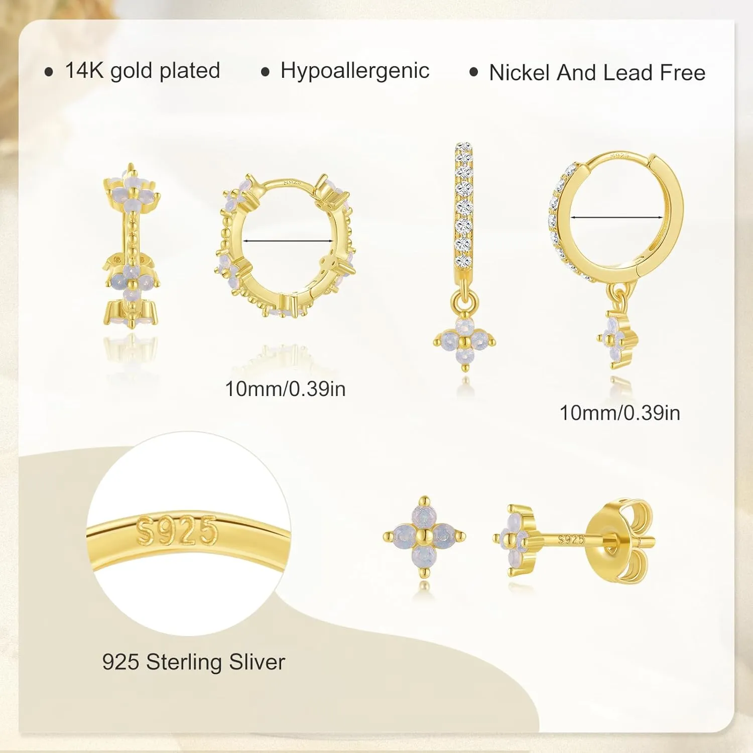 GEORGE  SMITH Gold Flower Earrings for Women, 925 Sterling Silver Flower Stud Cartilage Earring Set, Cubic Zirconia Earring Sets for Multiple Piercing, Dainty Gold Stud Earrings Set