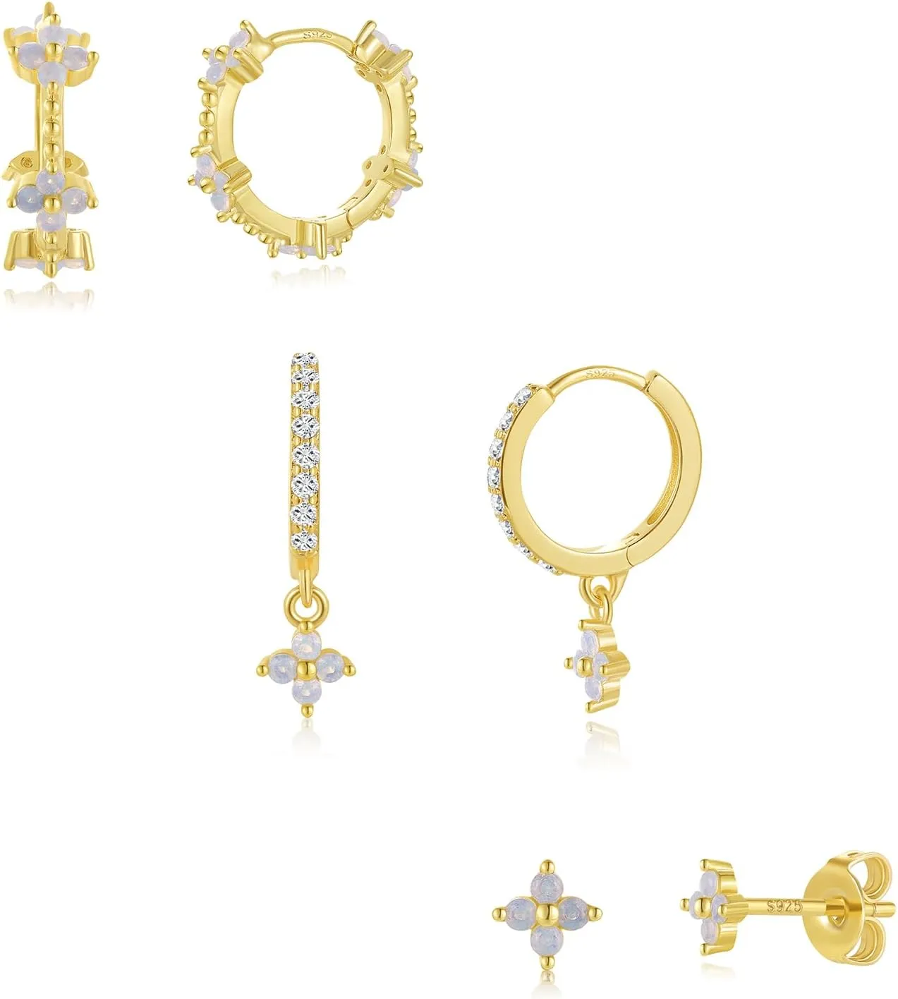 GEORGE  SMITH Gold Flower Earrings for Women, 925 Sterling Silver Flower Stud Cartilage Earring Set, Cubic Zirconia Earring Sets for Multiple Piercing, Dainty Gold Stud Earrings Set