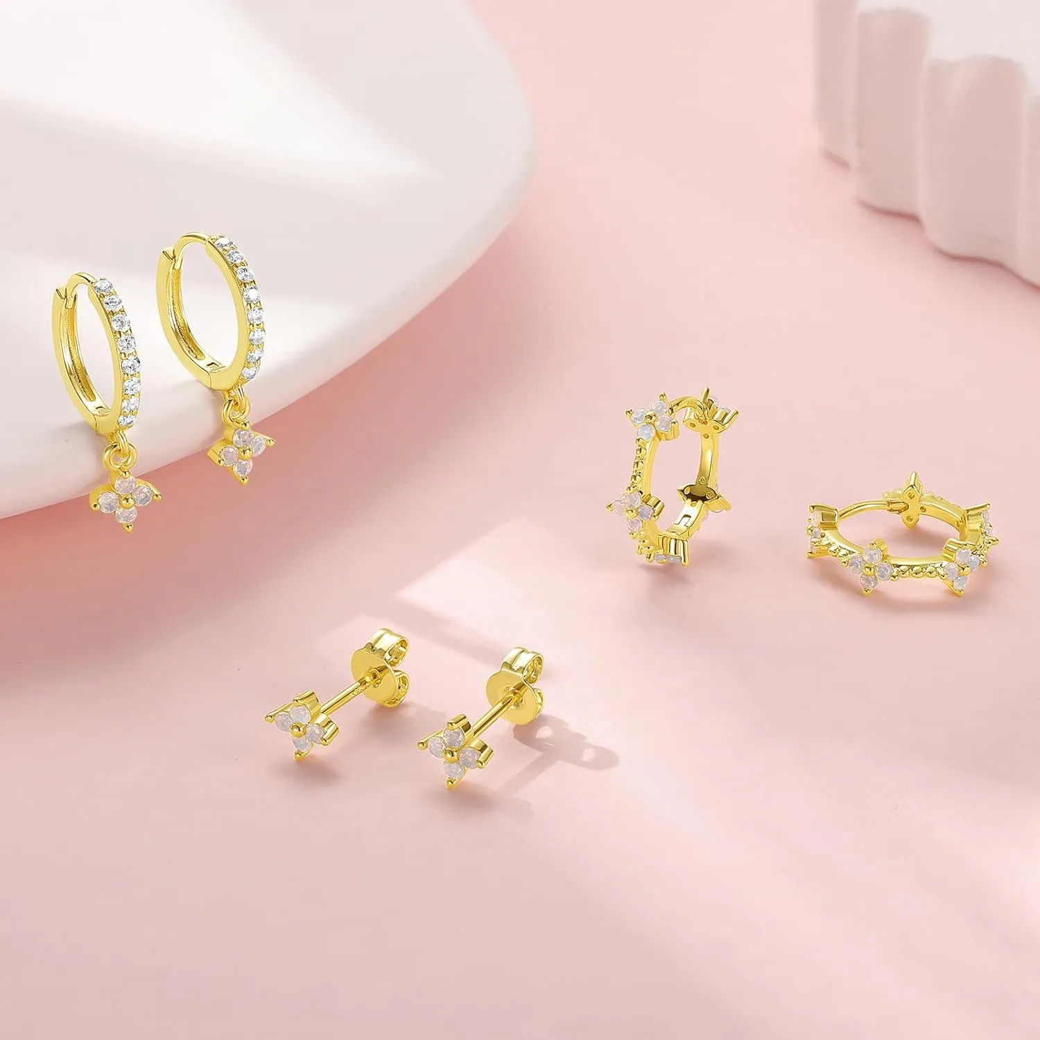 GEORGE  SMITH Gold Flower Earrings for Women, 925 Sterling Silver Flower Stud Cartilage Earring Set, Cubic Zirconia Earring Sets for Multiple Piercing, Dainty Gold Stud Earrings Set
