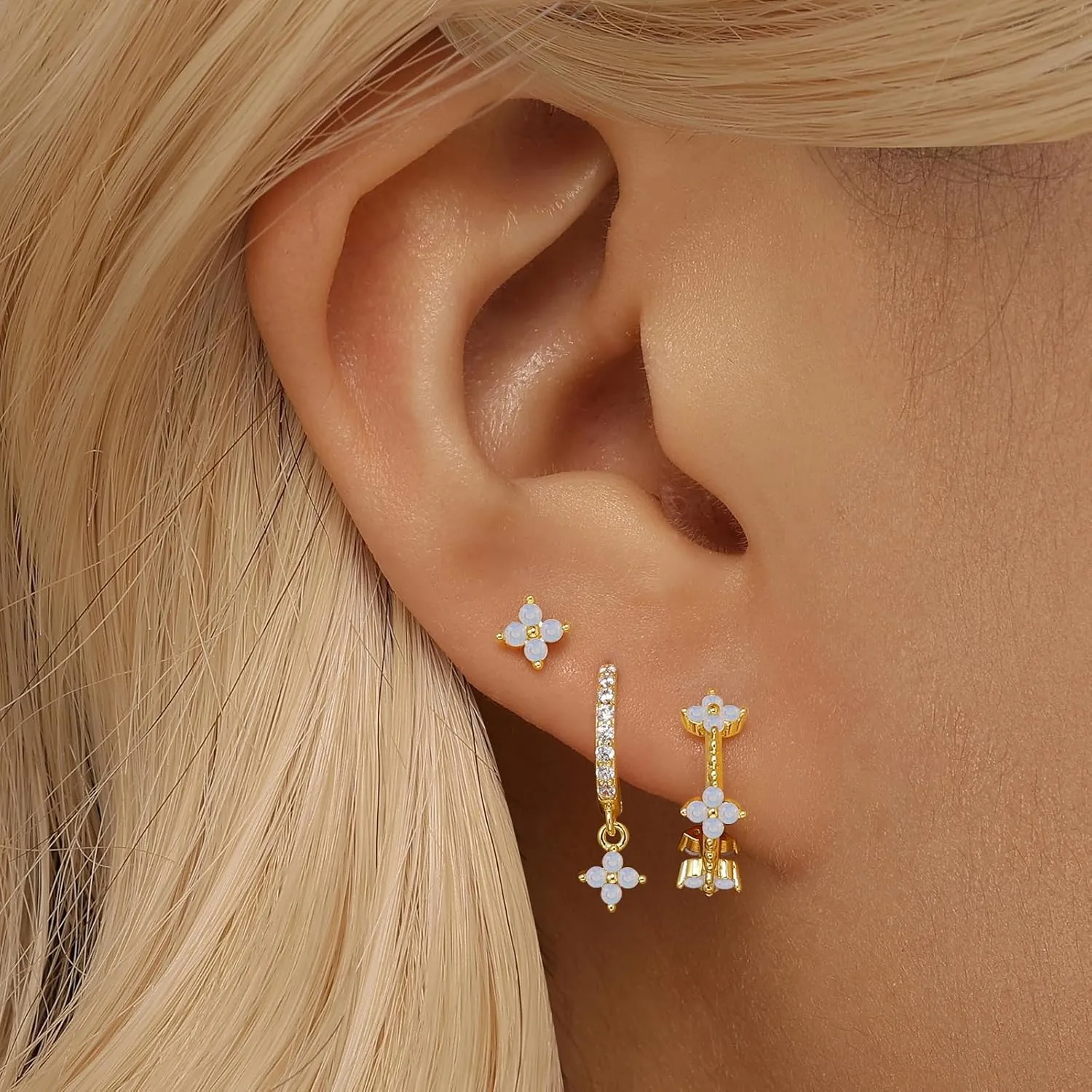 GEORGE  SMITH Gold Flower Earrings for Women, 925 Sterling Silver Flower Stud Cartilage Earring Set, Cubic Zirconia Earring Sets for Multiple Piercing, Dainty Gold Stud Earrings Set