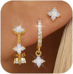 GEORGE  SMITH Gold Flower Earrings for Women, 925 Sterling Silver Flower Stud Cartilage Earring Set, Cubic Zirconia Earring Sets for Multiple Piercing, Dainty Gold Stud Earrings Set