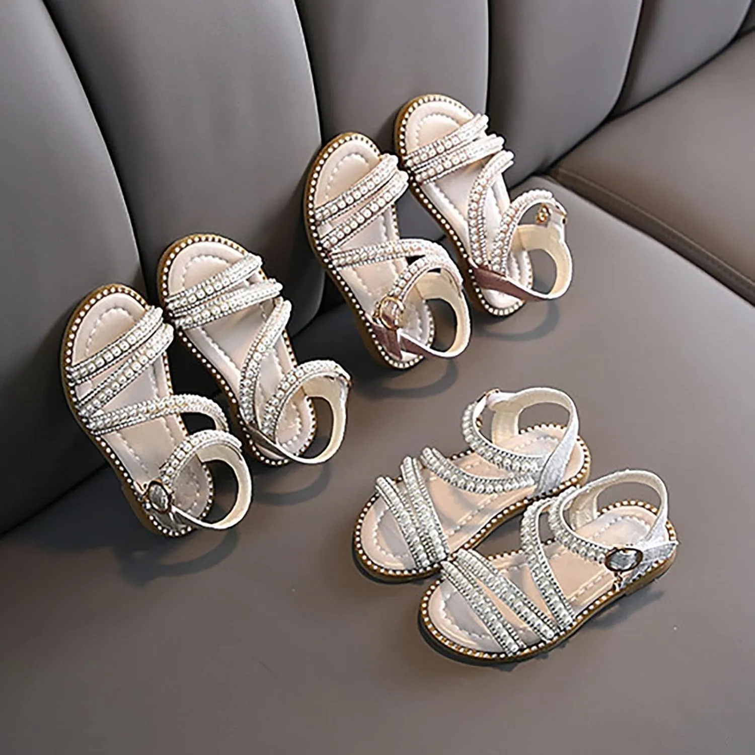 Girls Sandals Rhinestone Strappy Summer Open Toe Flats Pearl Shoes Dress Sandals for Toddler Little Kid Big Kid