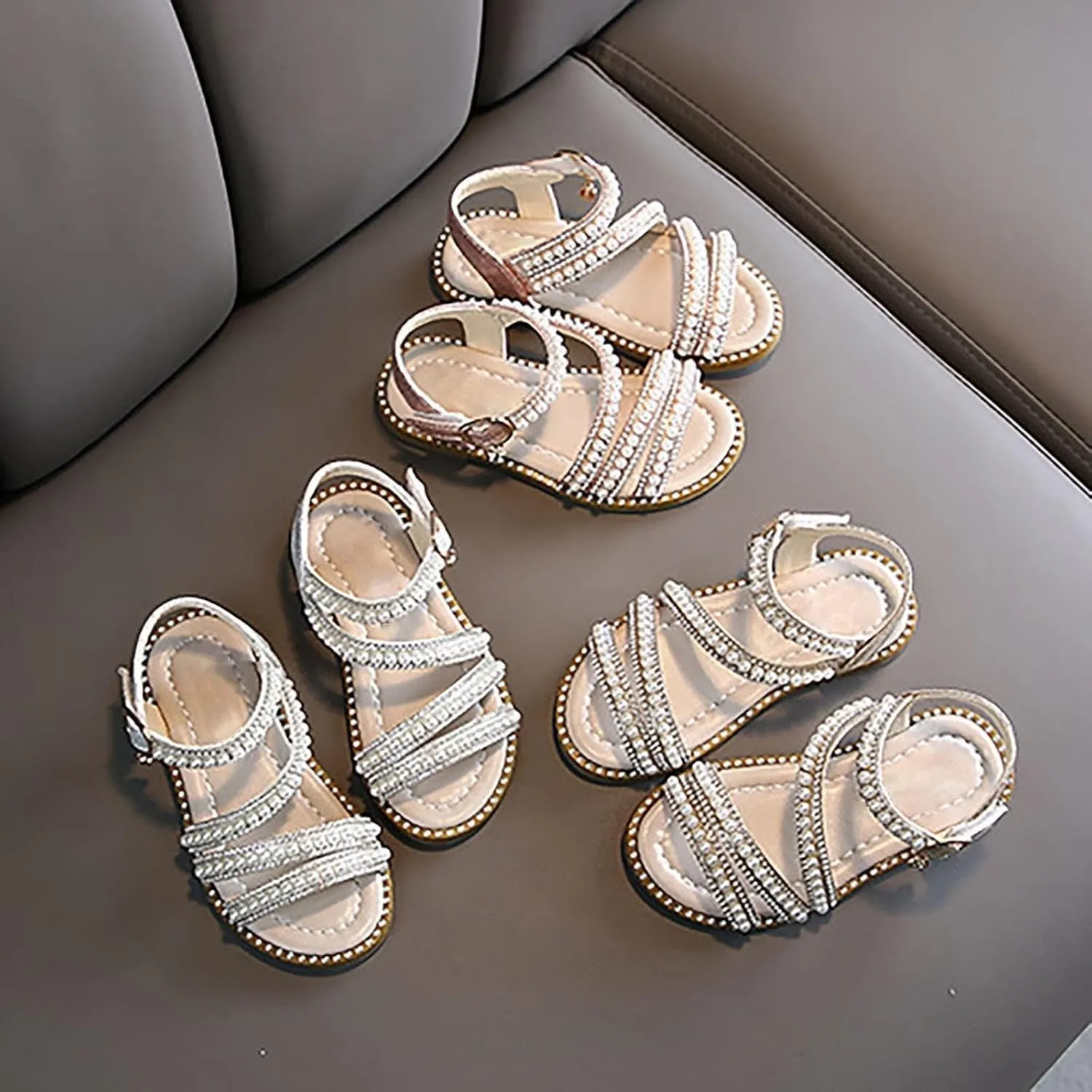 Girls Sandals Rhinestone Strappy Summer Open Toe Flats Pearl Shoes Dress Sandals for Toddler Little Kid Big Kid