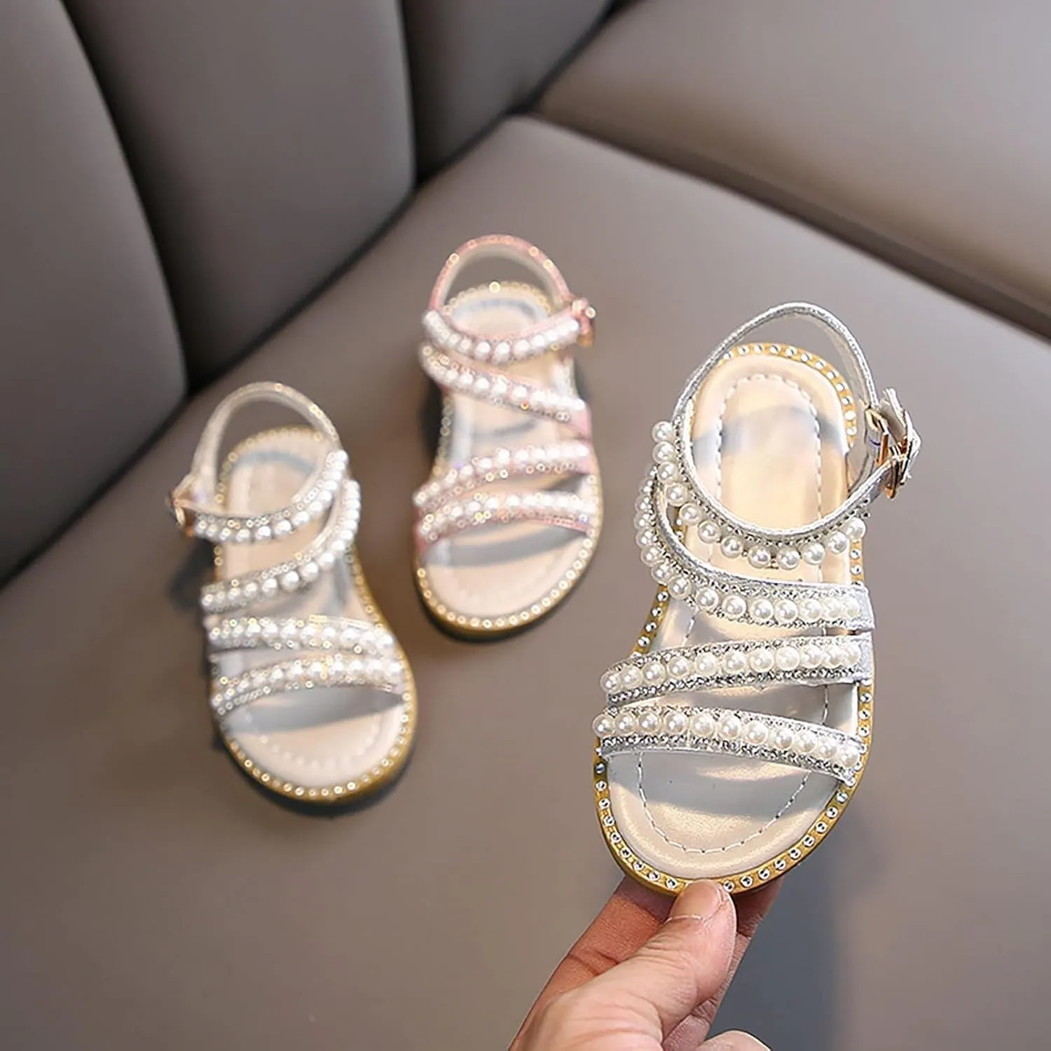 Girls Sandals Rhinestone Strappy Summer Open Toe Flats Pearl Shoes Dress Sandals for Toddler Little Kid Big Kid